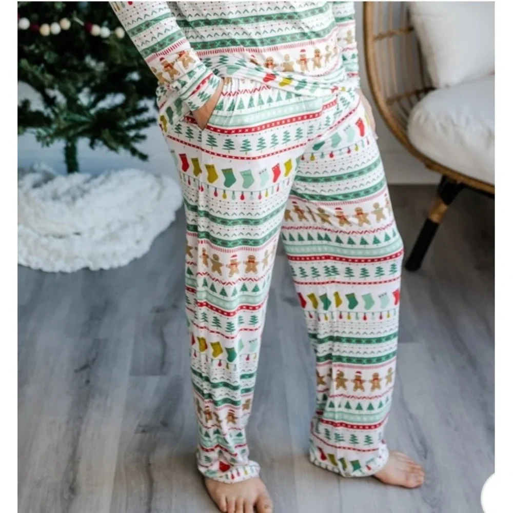 Little Sleepies Pajama Pants Mens L White Gingerbread Fair Isle Bamboo Christmas